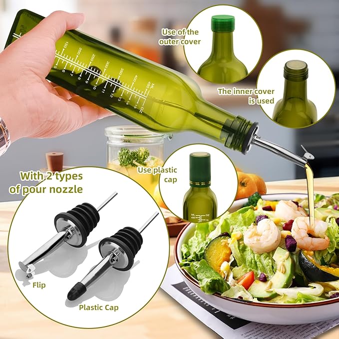 17oz 4 Pcs Scale Olive Oil Dispenser Bottle,500ml Glass Oil and Vinegar Dispenser Set with 4 Stainless Steel Pourers, 8 Labels,Funnel Oil Bottles for Kitchen (Green)