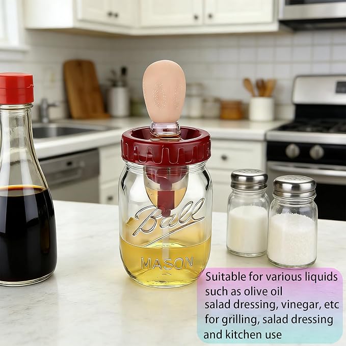 Oil Sprayer for Mason Jars 70mm, Oil Brush Dispenser for Salads, Grilling, Frying，3 IN 1 Oil Dispenser Bottle with Silicone Basting with Separate old oil(Glass Jars Not Included) (4, Wine Red, 70MM)