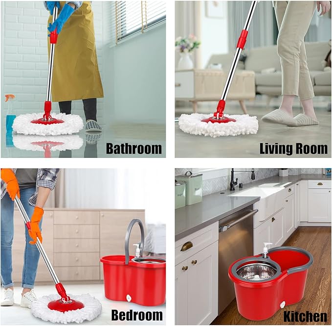 360 Mop and Bucket Set, Spin Mop Bucket with Wringer, Microfiber 3 Mop Replacement Heads, Mops for Floor Cleaning, Mop with Bucket (Red)