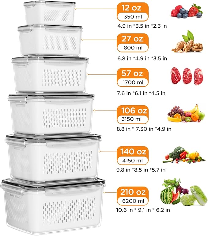 6 PCS Fruit Storage Containers for Fridge with Removable Colanders, 6 Plastic Food Storage Containers with 6 Lids