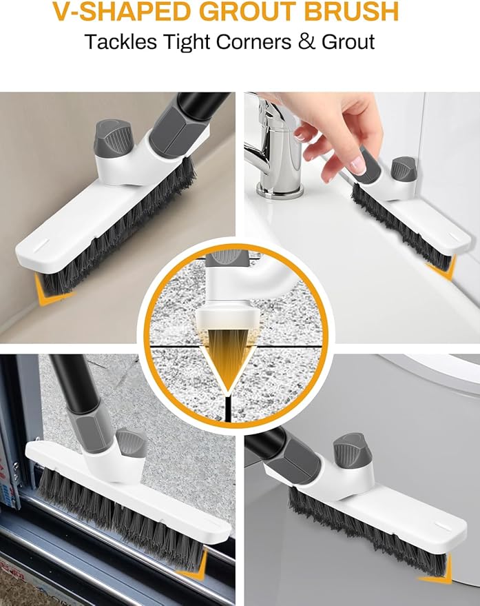 3 in 1 Floor Scrub Brush with Long Handle 55" Push Broom Stiff Bristle Scrubber Brush Squeegee Scrape & Detachable V-Grout Brush for Bathroom Kitchen Tile Deck Patio Garage Concrete Wall Cleaning Tool
