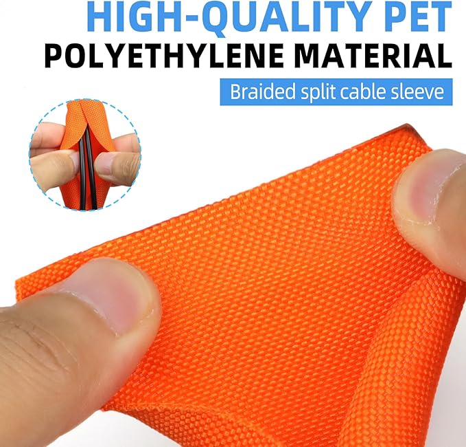 Automotive Wire Loom Tubing, Split Braided Cord Protectors from Pets No Chew, Flexible Cable Sleeve Cable Management for TV/Computer/Electric Wires (Orange, 1/2"-25ft)