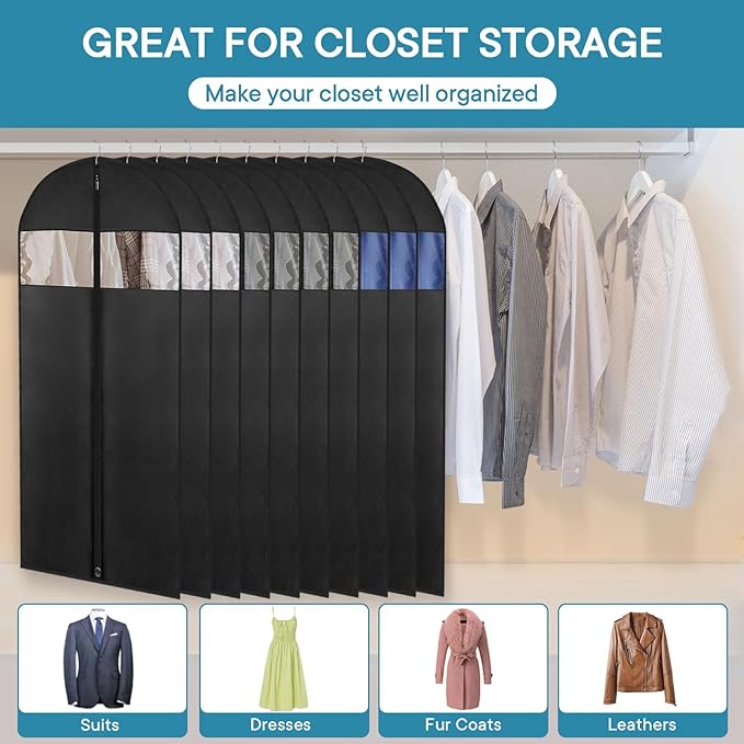 Garment Bags for Hanging Clothes, 50" Suit Bags for Closet Storage, 2-Pack Garment Covers with Clear Window, Foldable Clothing Bags for Suits, Jackets & Dresses (Black)