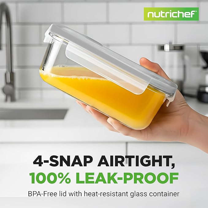 NutriChef 10 Piece Glass Food Storage Containers with Lids – 30 oz Meal Prep Containers Reusable – Airtight Glass Lunch Containers for Food Storage – Freezer to Oven Safe - Gray