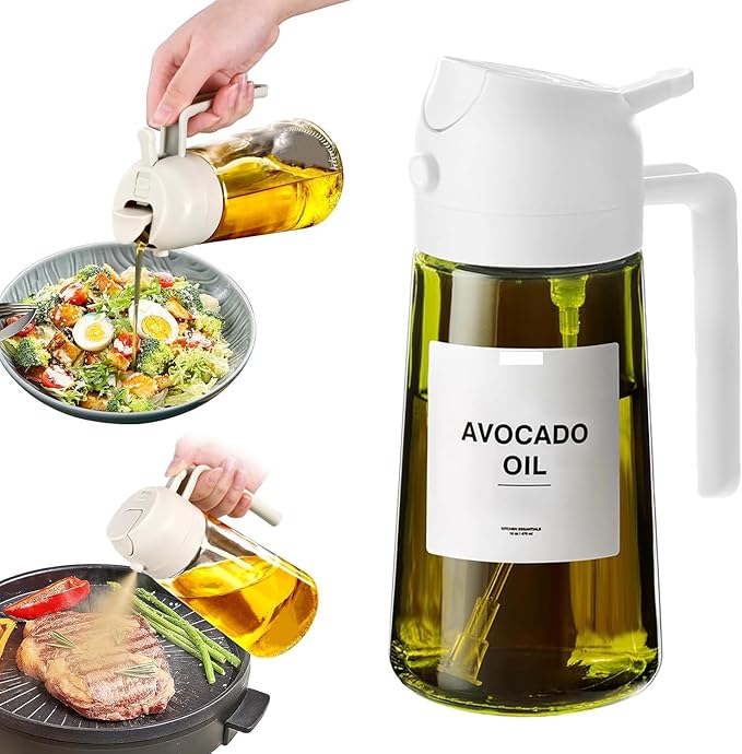 16oz/470ml Glass Olive Oil Sprayer for Cooking - 2 in 1 Olive Oil Dispenser for Kitchen Gadgets, Air Fryer, Salad, and BBQ (beige)