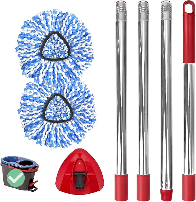 Spin Mop Replacement Set, Includes 2 Mop Head Replacement, 1 Mop Handle (30-58in Adjustable 4-Section Pole), 1 Spin Base