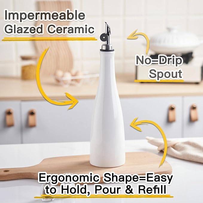 YOLIFE Olive Oil Dispenser Bottle, 16oz Ceramic Oil Dispenser for Kitchen, Oil Bottle with Gravity Spout, Leak Proof EVOO Dispensing Bottle with 2 Spouts and 1 Funnel for Vinegar, Juice(White)