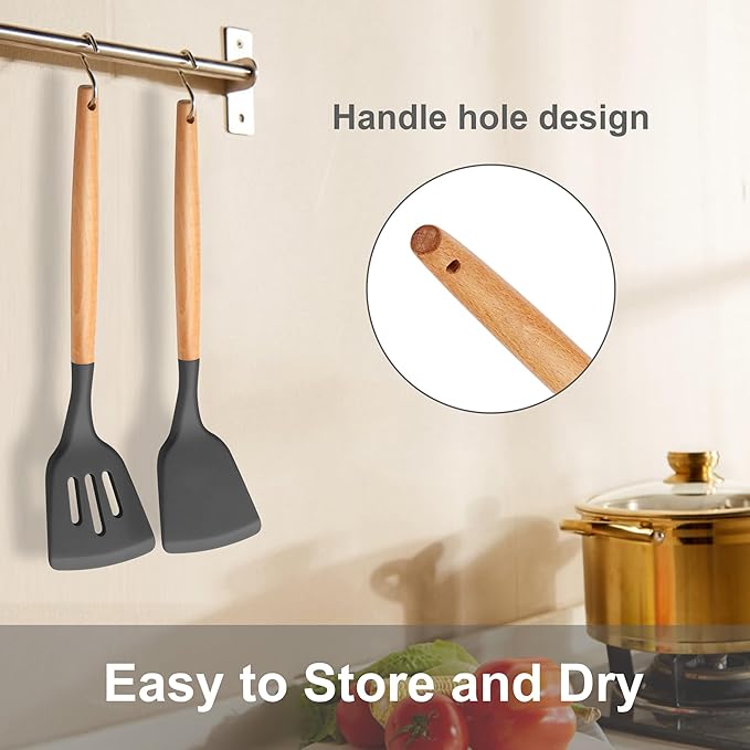 E-far Silicone Spatula Turner, 2 Pack Heat Resistant Kitchen Spatulas for Nonstick Cookware, Rubber Solid Slotted Spatula Cooking Utensils for Fish, Eggs, Pancakes (Gray)
