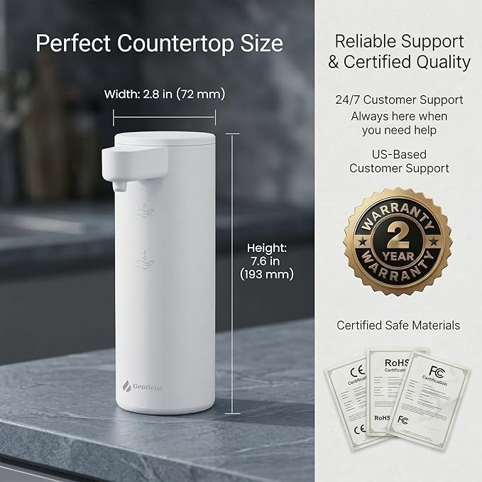 GentleJet OpalDrop Automatic Liquid Soap Dispenser for Kitchen Sink – Touchless No-Drip Pump, USB-C Rechargeable, 304 Stainless Steel, IPX5 Water-Resistant, 270 ml