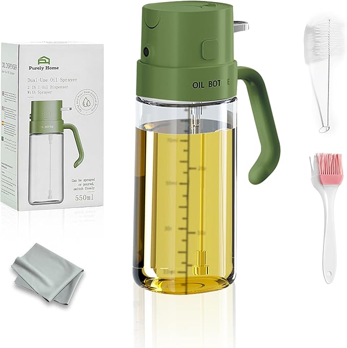 2-in-1 Green 18oz / 550ml - Olive Oil Sprayer for Cooking,Salad and BBQ, Leakproof Oil Dispenser for Frying, Glass OliveOil Multifunctional Sprayer / Dispenser Bottle for cooking, Oil Mister Bottle
