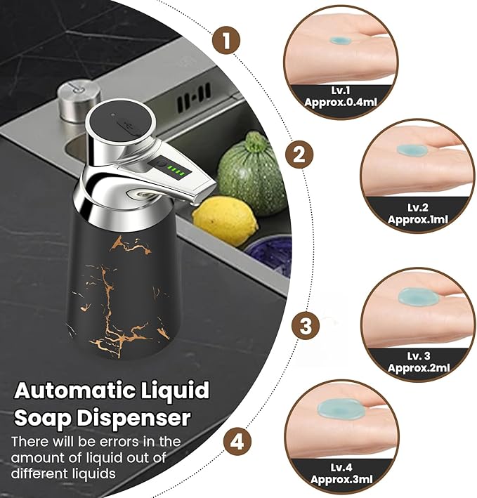 Automatic Liquid Soap Dispenser Touchless:350ML Ceramic Material -4 Level Adjustable Hand & Dish Electric Dispenser,Waterproof Type-c Rechargeable Auto Soap Pump for Bathroom,Kitchen