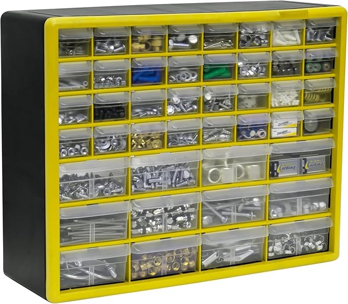Akro-Mils 44-Drawer Plastic Drawer Storage Cabinet for Garage Organization, Bead Organizer, Building Bricks Storage, Teacher Toolbox, Makeup Organizer, 20-Inch W x 6-Inch D x 16-Inch H, 10144 Yellow