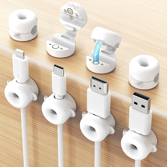 Magnetic Cable Clips 8 Pack, Silicone Cord Organizer with Strong 3M Adhesive, Durable Cable Management Under Desk Wire Hider, Cord Holder for Nightstand, Desk,Office, Home & Car (White)