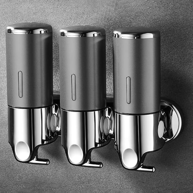 No-Drill 3 Pack 500ml Wall Mounted Soap Dispenser for Bathroom and Kitchen, Shampoo and Conditioner Dispenser Drill Free with Adhesive(Round-Grey)