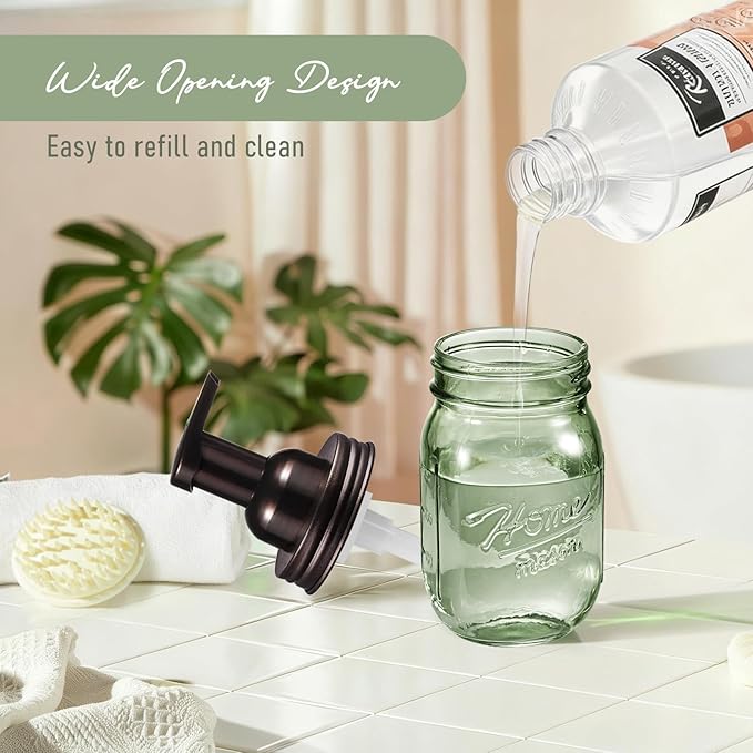 SheeChung Mason Jar Foaming Soap Dispenser, Stainless Steel Lid, Green Glass Foam Hand Soap Dispenser, 16 Oz Refillable Liquid Foam Dispenser Bottle for Bathroom Kitchen, Dish Soap-Bronze, 2 Pack