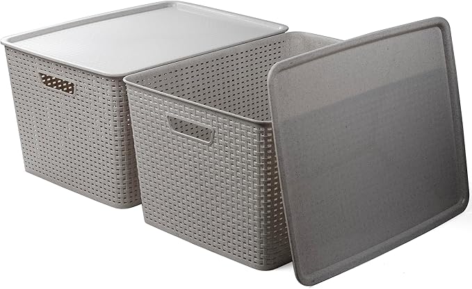 Plastic Storage Baskets with Lids, 45 Liter, 3 Pack, Natural Grey