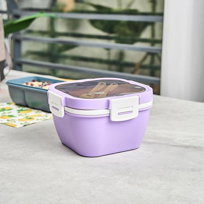 Restaurantware-Bento Tek 57.5 Ounce Bento Box, 1 Reusable Lunch Container - With Fork And Knife, Does Not Contain BPA, Purple And White Plastic Reusable Lunch Box, Microwavable, Dishwashable