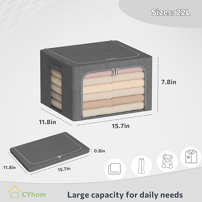 Clothes Storage Bins Box - Linen Fabric Foldable Stackable Container Organizer Set with Clear Window & Carry Handles & Metal Frame - 2Pack Large Capacity for Bedding, Blankets, Books