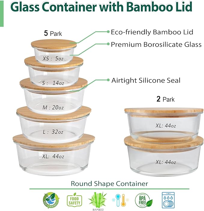 Urban Green Glass Food Container with Bamboo Lid, Airtight food storage Containers set, Glass Meal Prep Containers Set of 5, Dishwasher & Oven Safe