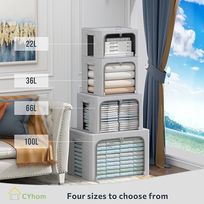 CYhom 3Pack Foldable Storage Bins - Frame Storage Box Linen Fabric Stackable Clothes Container Organizer with Clear Window & Carry Handles Large Capacity (Extra Large-100L, Light Grey)