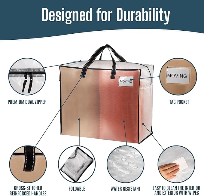 VENO 4 Pack Heavy Duty Moving Bags, Storage Bags, Packing Supplies, Top Zipper, Storage Totes for Camping, Clothes, Bedding, Comforters, Pillows (22 Gallon Clear, 4 Pack)