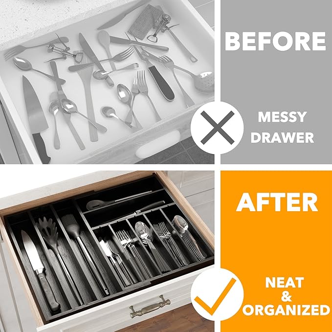 2.5" High Bamboo Silverware Drawer Organizer with Labels, Black