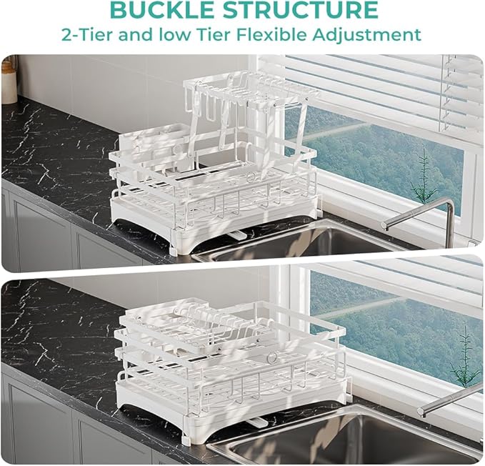 2 Tier Large Dish Drying Rack - Extendable Dish Rack, 2-in-1 Anti-Rust Stainless Steel Dishrack for Kitchen Counter and Sink, Dish Strainer with Utensil Holder & Cup Holder(White)