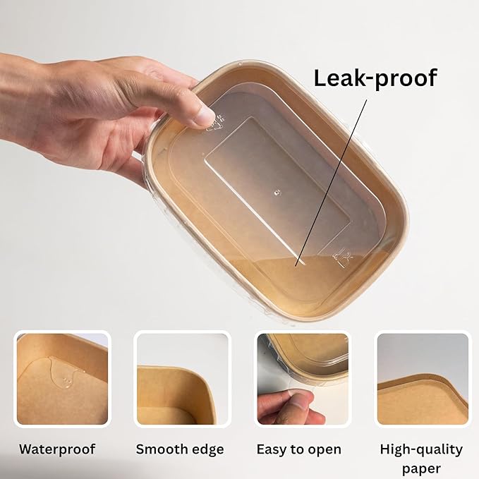 25oz Disposable Bowls with Lids, 50 Sets Large Kraft Square Paper Salad Bowls, Disposable Meal Prep Food Containers w/Lid
