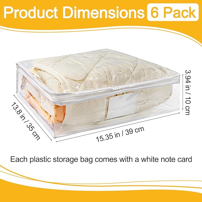 6 Pack Clear Zippered Plastic Storage Bags, Vinyl Sweater Bags with Zipper