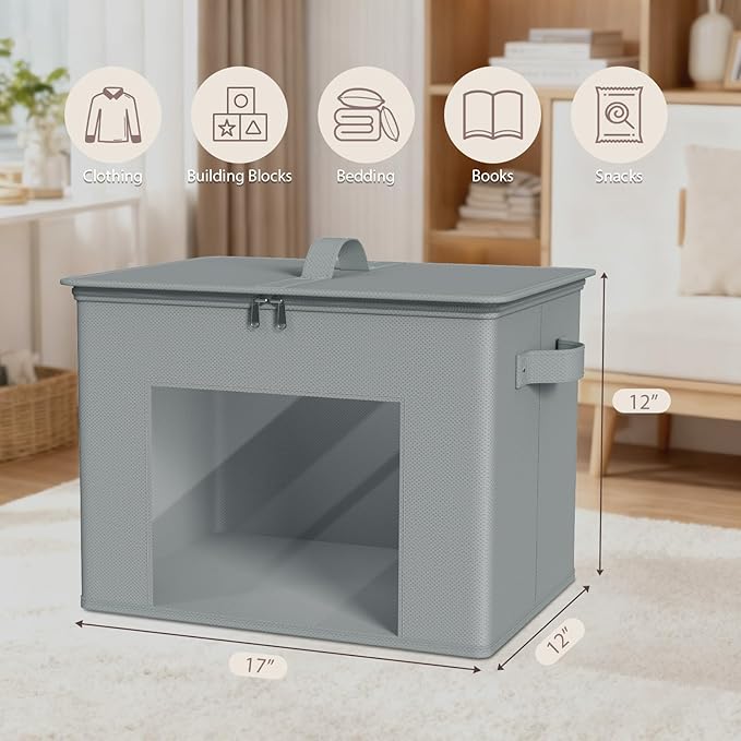 Zilink Fabric Storage Bins with Lid 4-Pack Stackable Closet Storage Bins Sweater Organizer with Zipper & Clear Window Closet Organizers and Storage Box for Home, Bedroom (Light Grey,17" x 12" x 12")