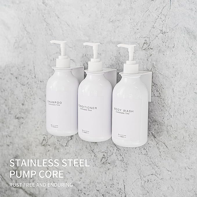Shampoo and Conditioner Dispenser for Shower Wall 3 Chamber,Refillable Shampoo and Conditioner Bottles with Waterproof Labels,Soap Dispenser with Pumps