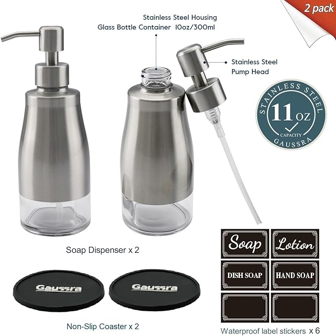 Gaussra 2 Pack Soap Dispenser with Coaster and Stickers, Stainless Steel Case Glass Liner Hand Pump Dispenser, Refillable Liquid Hand Soap Dispenser for Bathroom & Kitchen - Brushed Nickel