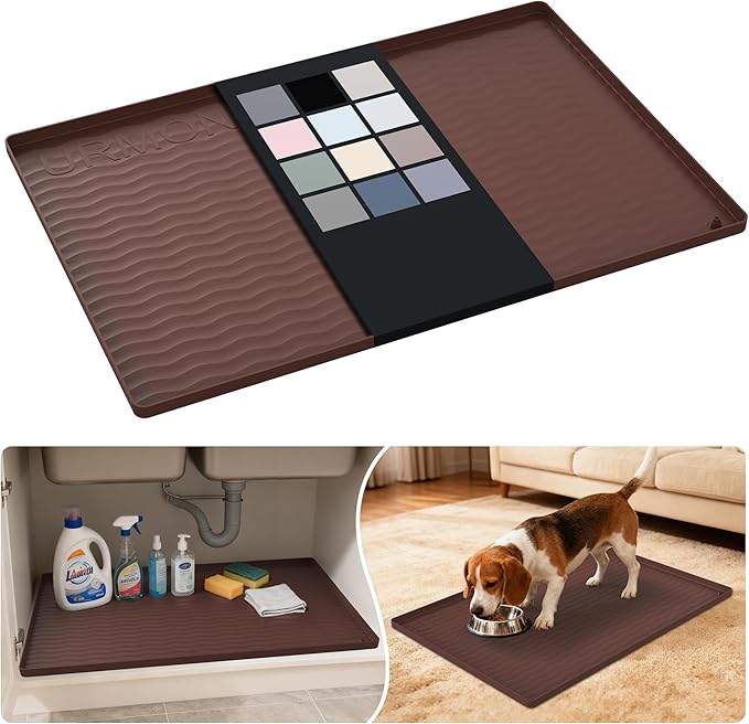 URMONA Waterproof Silicone Under Sink Mat 28'' x 19'' Shelf Liner for Kitchen and Bathroom, Cabinet and Counter Protector, Storage and Organizers, Litter Mat, Pet Cat Puppy Essentials(Brown)