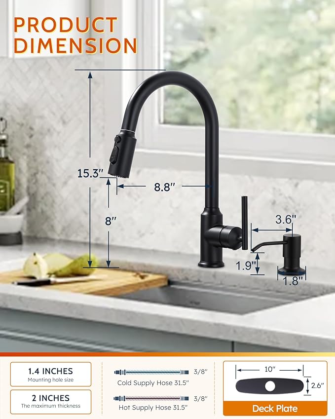 WOWOW Kitchen Faucet with Pull Down Sprayer, Matte Black Kitchen Faucet with Sprayer, Stainless Steel High Arc Single Handle Pull Down 3 Hole Black Bar Sink Faucet Kitchen for Rv Sink Faucets Kitchen