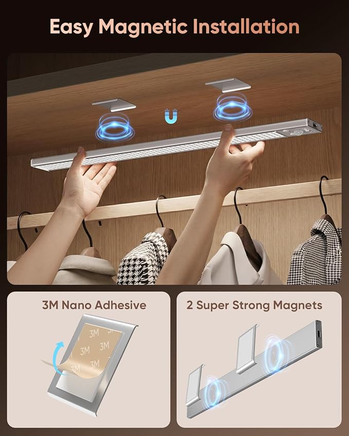 16inch Under Cabinet Lighting Wireless, 216LED Motion Sensor Light Indoor, USB Rechargeable Closet Lights, 3 Color Temps & Dimmable, Stick On Under Counter Lights for Kitchen, Pantry, Stairs, 5 Pack