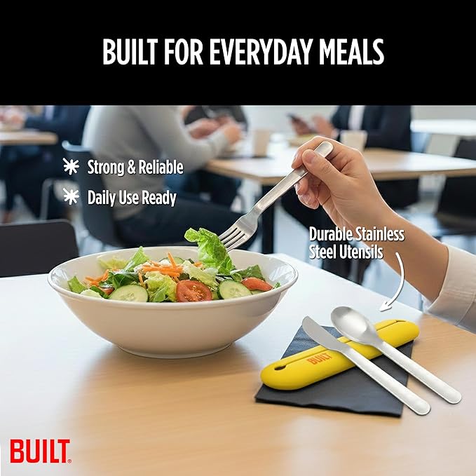 Built Reusable Utensil Set with Silicone Storage Case, Lemon - Lightweight Stainless Steel Fork, Knife, Spoon for Zero Waste Living, Picnics, Lunch Bags - Camping Flatware Sets for Daily Use/Outdoor