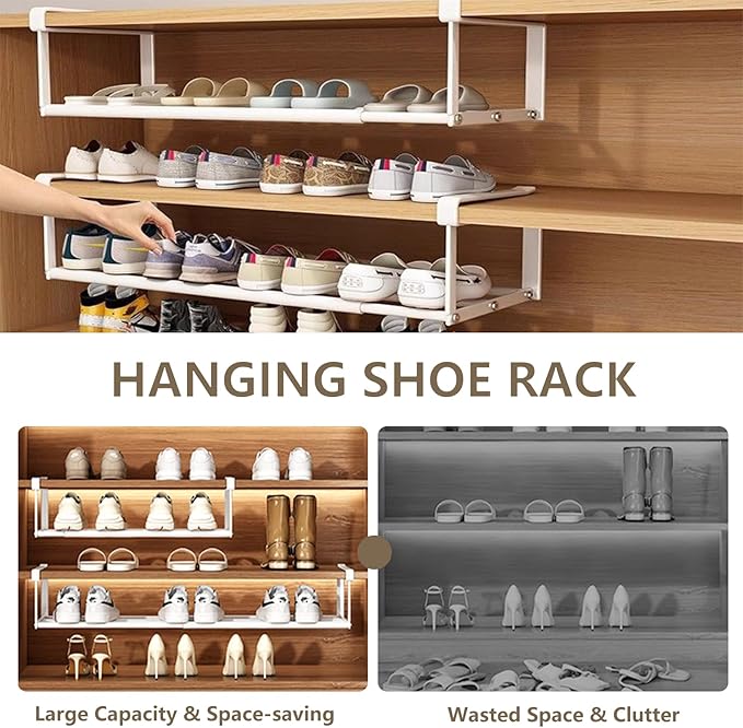 Expandable Hanging Shoe Rack Organizer for Closet, Adjustable Shoe Rack Under Cabinet Shelf, Versatile Under Shelf Storage for Kitchen, Book, Clothing Storage and Organization(White,4PCS)