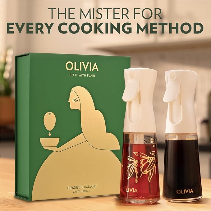 OLIVIA SIGNATURE Advanced Kitchen Oil Sprayer Technology, Fine Mist & Portion Control, Refillable Glass Olive Oil Cooking Spray Bottle for Air Fryer, Salad, BBQ, 2 Pack 200ml (White)
