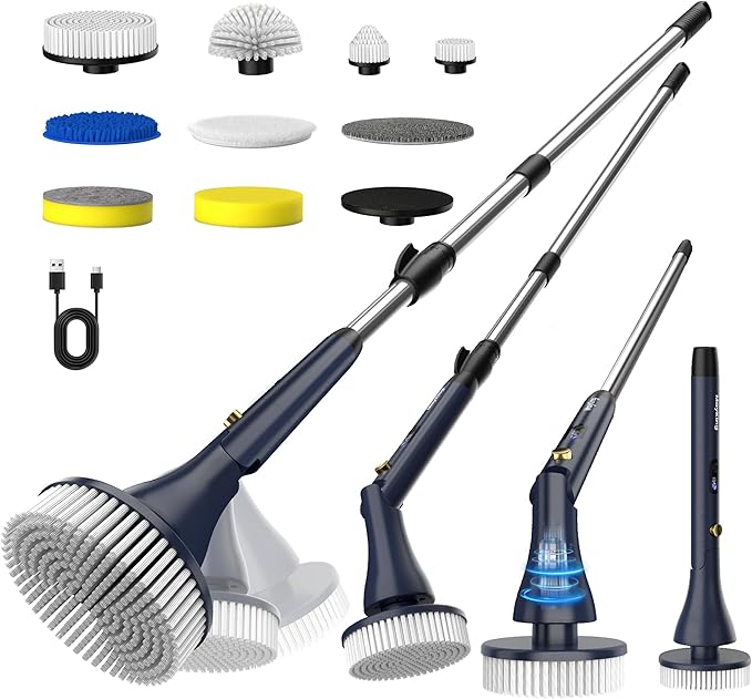 MayKing Electric Spin Scrubber with 9 Brush Heads, 3-Angle & 4-Length Adjustable Cordless Power Scrubber, 3-Speed & Battery LED Display, Electric Scrubber for Cleaning Bathroom Bathtub Floor Tiles