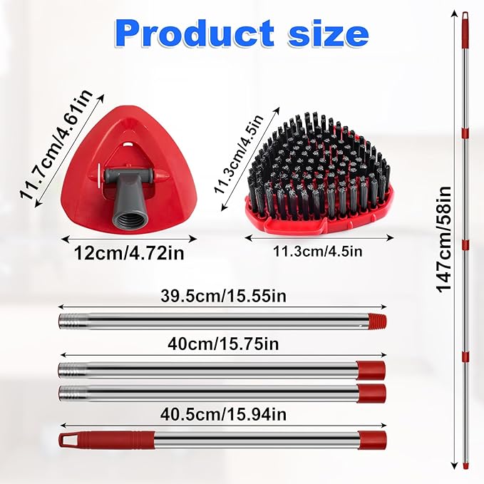 4-Section Stainless Steel Spin Mop Handles, Mop Base & Upgrade Scrub Brush Combo for Ocedar EasyWring RinseClean 2 Tank System, Mop Handle Mop Base & Brush Set for O Cedar, Universal Thin Screw Joints