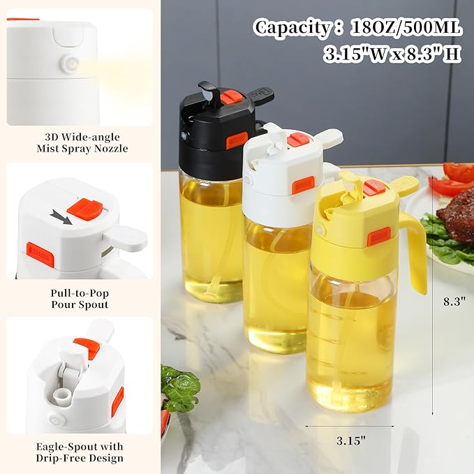 18oz/500ml High-Borosilicate Glass Oil Sprayer for Cooking, Olive Oil Dispenser Bottle,2 in 1 oil Dispenser with Portion Control for Salad, Frying, BBQ (WHITE)