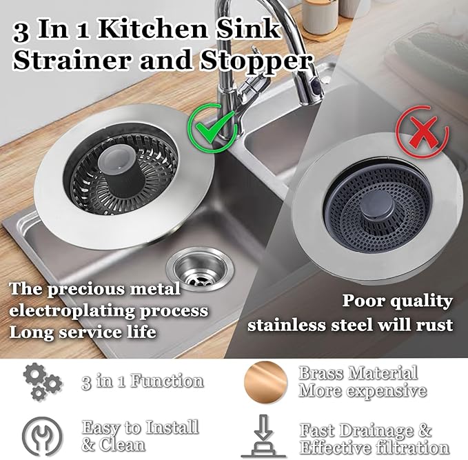 BAOLSLS 3 in 1 Kitchen Sink Stopper, Pop Up Kitchen Sink Drain Strainer, with an Extra Basket Strainer