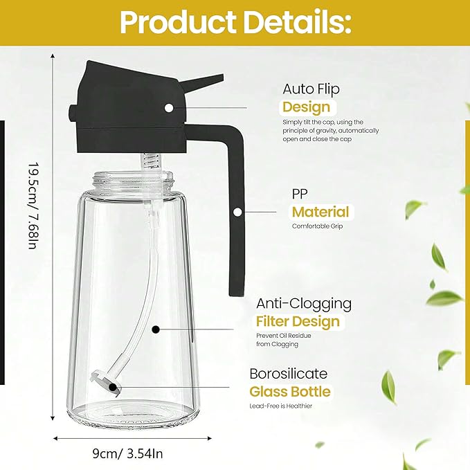 2 in 1 Oil Sprayer & Dispenser for Cooking | 16oz/470ml Glass Olive Oil Sprayer with Brush | Oil Spray Bottle with Pourer, Food-grade Oil Mister for Air Fryer, Salad, Frying, BBQ (Black)