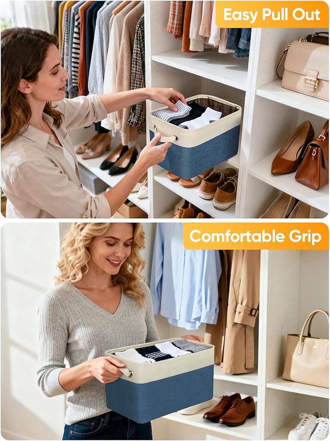 3 Pack Fabric Closet Storage Bins for Shelves, Navy Blue, 12"x8"x8"