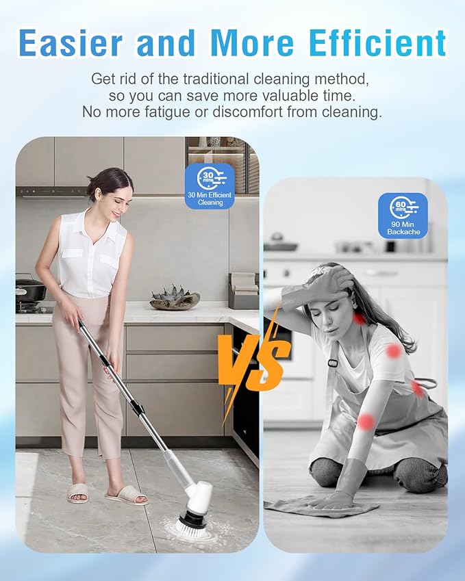 Electric Spin Scrubber Bathroom Scrubber - Cordless Shower Scrubber with Adjustable Handle, 2 Speeds, Bathroom Scrubber with 8 Replaceable Brush Heads, Power Scrubber for Bathroom Bathtub Cleaning