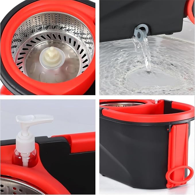 360° Spin Mop and Bucket System with Wringer - 61" Stainless Steel Handle & 3 Microfiber Refills, Self-Cleaning Floor Mop for Tile, Hardwood, Laminate Floors