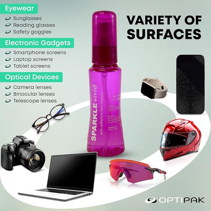 Sparkle Vivid Anti-Reflective Safe Lens Cleaner Spray Kit - (2) 2oz Glasses Cleaner Spray & (2) Microfiber Cloth for Eyeglasses, Sunglasses, Lenses