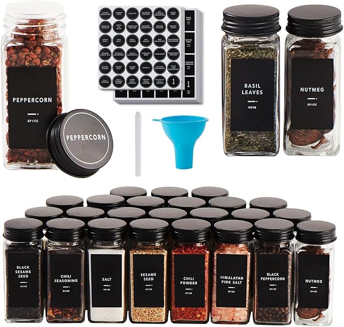 Skiileor 48 Pcs Spice Jars with Label- Glass Spice Jars with Black Metal Caps,Shaker Lids, Funnel