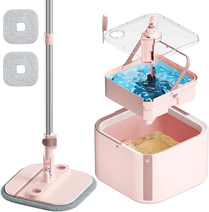 Upgraded Spin Mop and Bucket System Set, Self Separate Clean and Dirty Water, Foldable Square Standing Mop Head with Microfiber Mop Pads, Detachable Bucket (Pink, Mop Set with 2PC Pads)