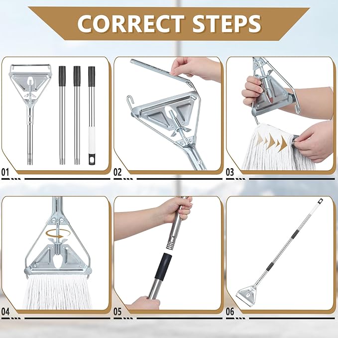 Heavy Duty Commercial Mop Handle, 59" Stainless Steel Adjustable Industrial Mop Rod Replacement - Quick Replacement, Universal for Home, Office, Garage, Workshop & Warehouse Floor Cleaning